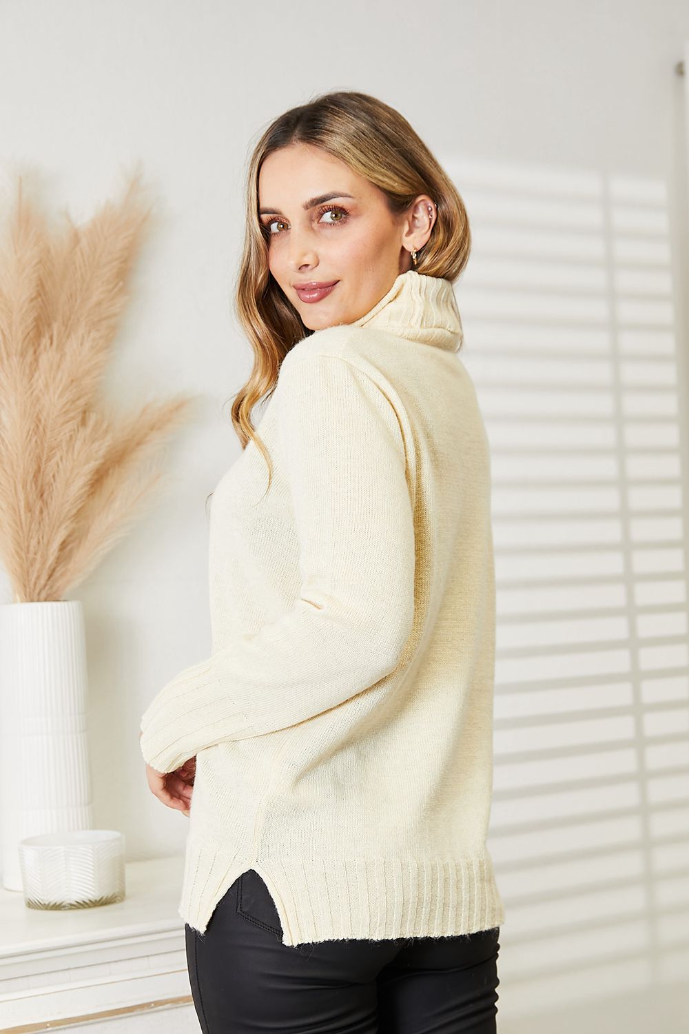 Heimish Full Size Long Sleeve Turtleneck Sweater with Side Slit (T) Mischa Lottie