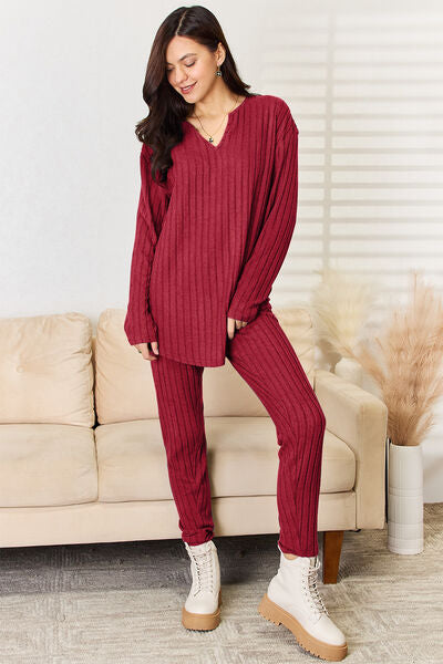 "Basic Bae" Notched Long Sleeve Top and Pants Set