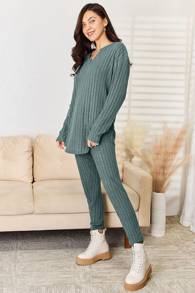 "Basic Bae" Notched Long Sleeve Top and Pants Set