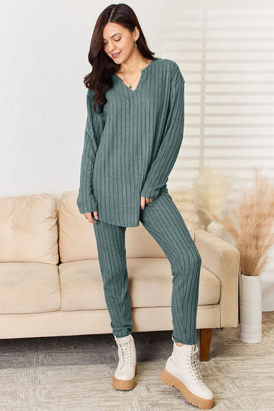 "Basic Bae" Notched Long Sleeve Top and Pants Set