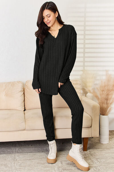 "Basic Bae" Notched Long Sleeve Top and Pants Set