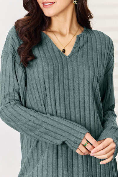 "Basic Bae" Notched Long Sleeve Top and Pants Set