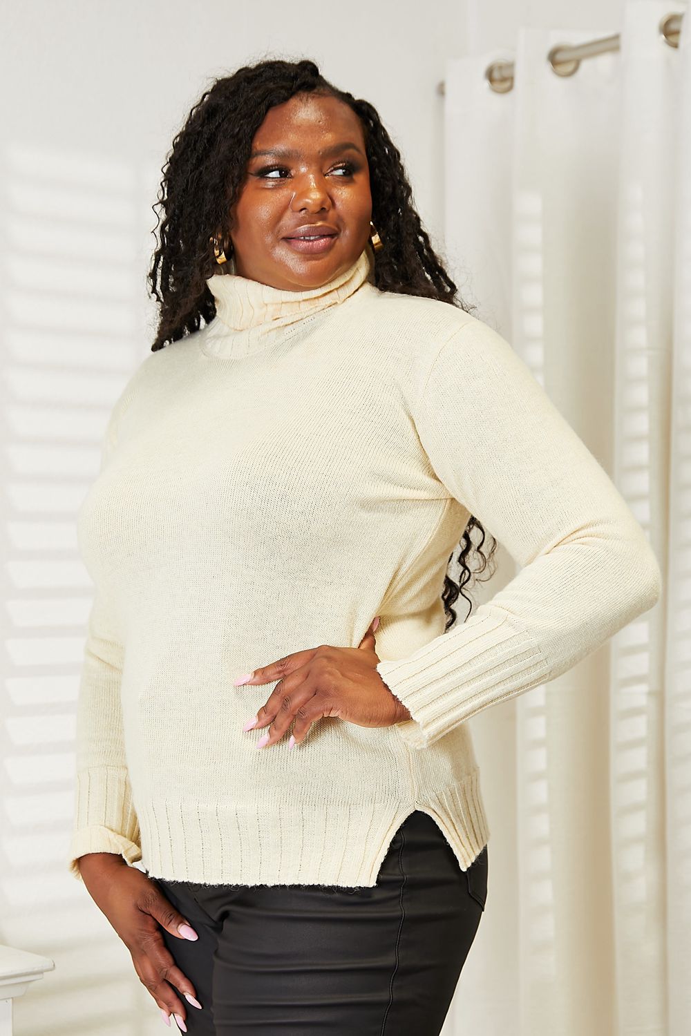 Heimish Full Size Long Sleeve Turtleneck Sweater with Side Slit (T) Mischa Lottie