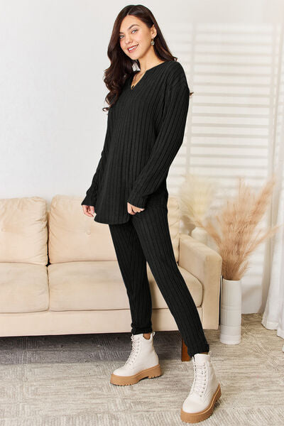 "Basic Bae" Notched Long Sleeve Top and Pants Set