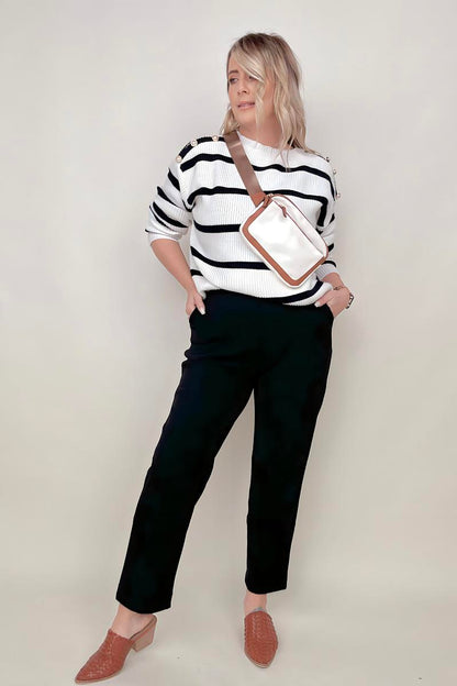 White and Black Stripe Sweater With Pearl Button Detail
