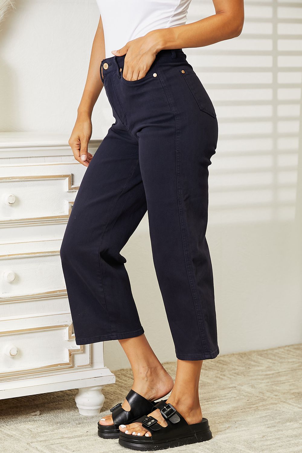 Judy Blue Full Size High Waist Tummy Control Garment Dyed Wide Cropped Jeans (T) Mischa Lottie