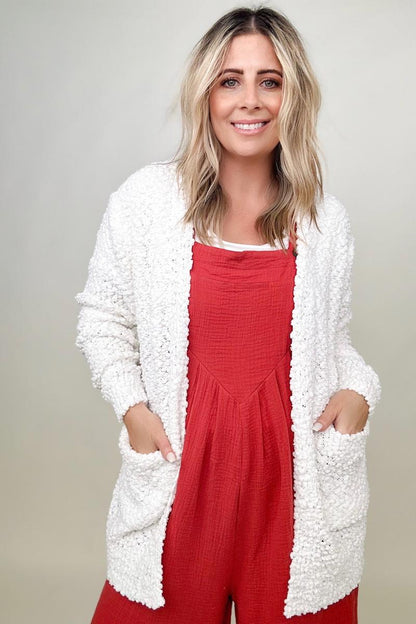 Zenana Long Sleeve Popcorn Sweater Cardigan with Pockets