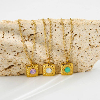 Opal Square Pendant 14K Gold Clavicle Chain Necklace