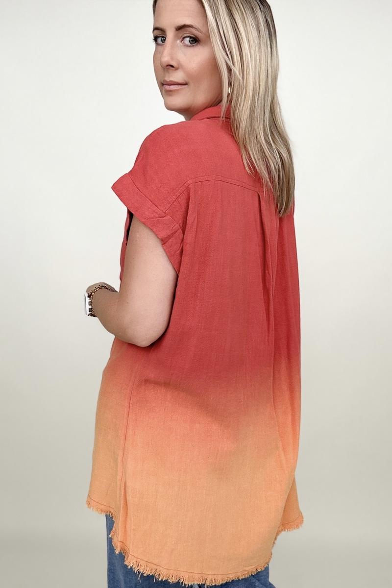 Umgee Linen Blend Bleach Dip Dye Button Down Top