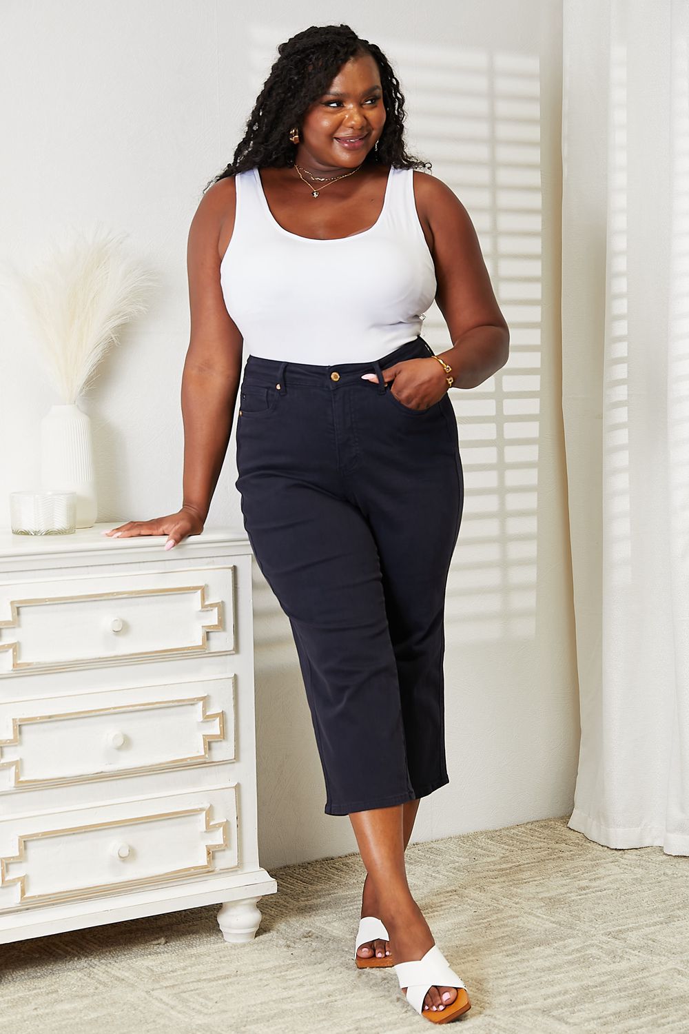 Judy Blue Full Size High Waist Tummy Control Garment Dyed Wide Cropped Jeans (T) Mischa Lottie