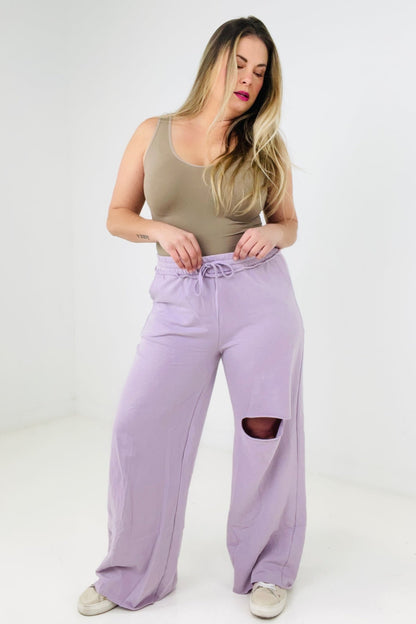 Zenana Distressed Knee French Terry Sweats With Pockets - New Colors (K) Mischa Lottie