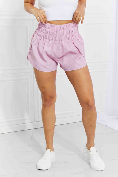 Zenana Cross Country Smocked Waist Running Shorts in Pink