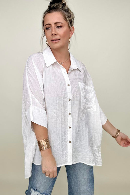 Umgee Pleated Batwing Short Sleeve Button Up Top (K) Mischa Lottie