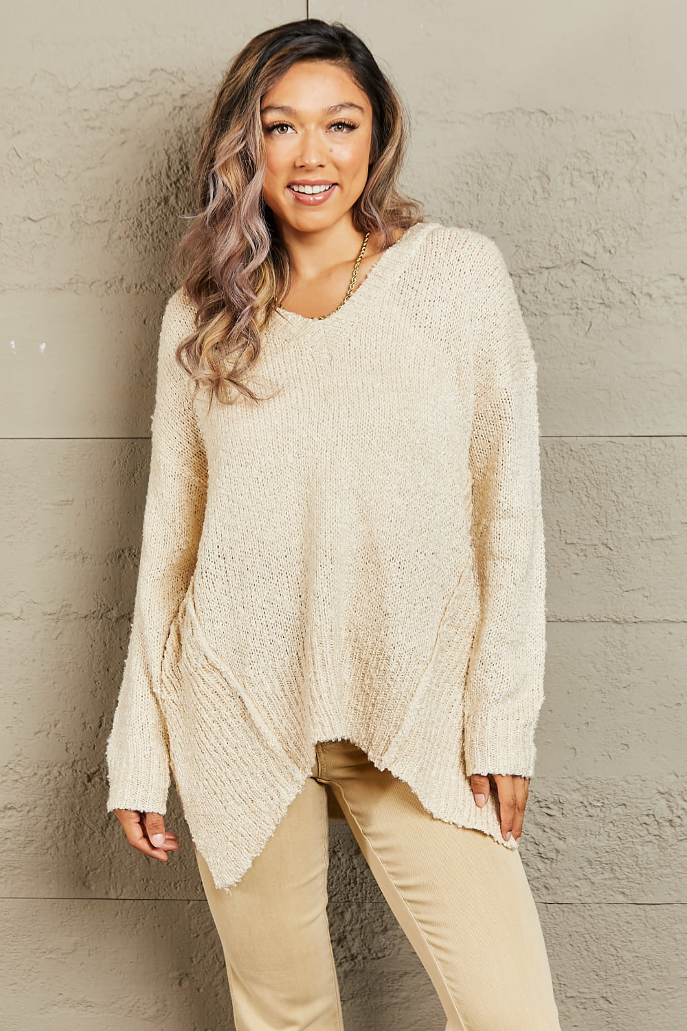 Heimish By The Fire Full Size Draped Detail Knit Sweater (T) Mischa Lottie