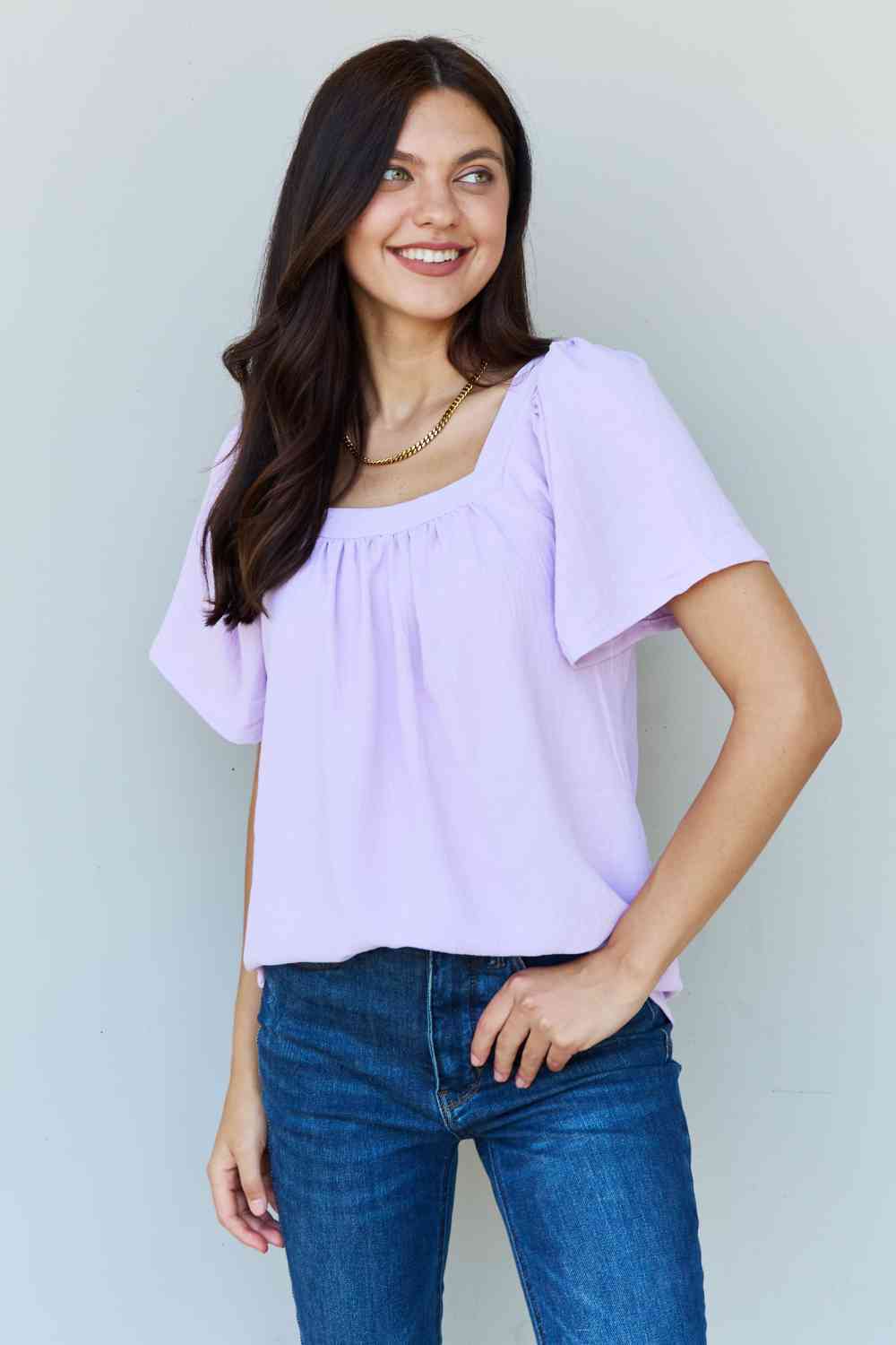 Ninexis Keep Me Close Square Neck Short Sleeve Blouse in Lavender