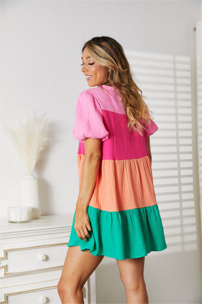 Double Take Color Block Buttoned Puff Sleeve Dress (T) Mischa Lottie