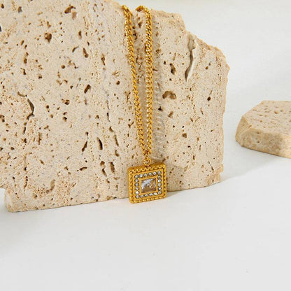 Zirconia Inlay Square Pendant Clavicle Chain Necklace