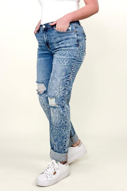 Judy Blue Mid-Rise Destroy & Paisley Print Boyfriend Jeans
