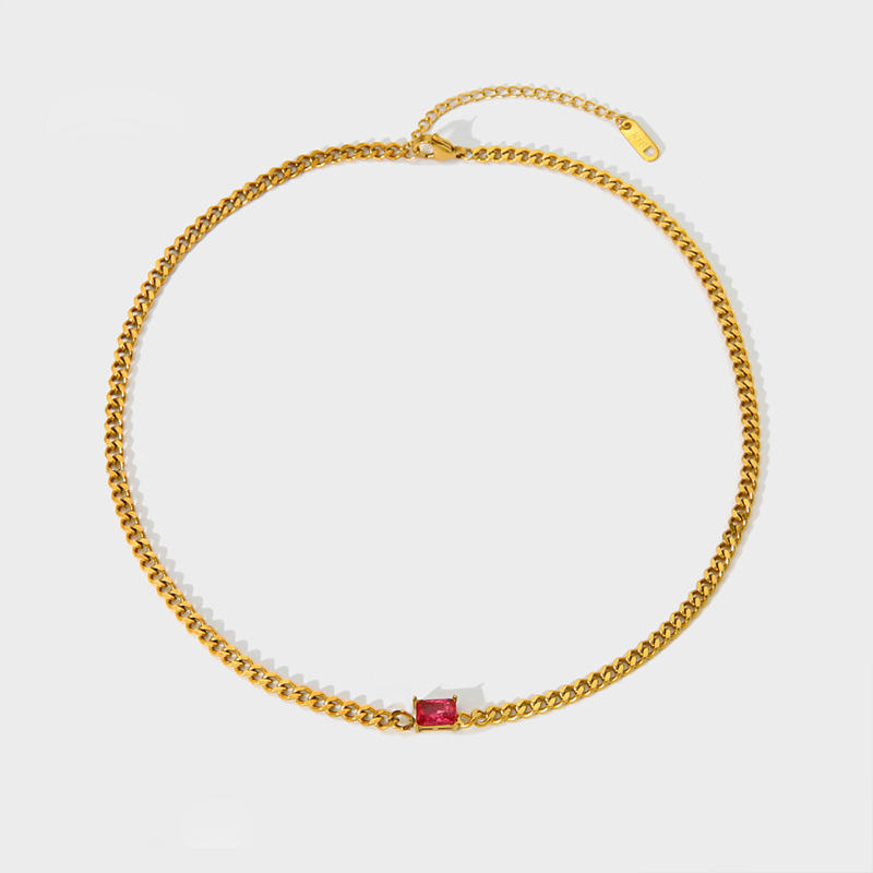 18K Gold Stainless Steel Rectangular Zircon Choker Necklace