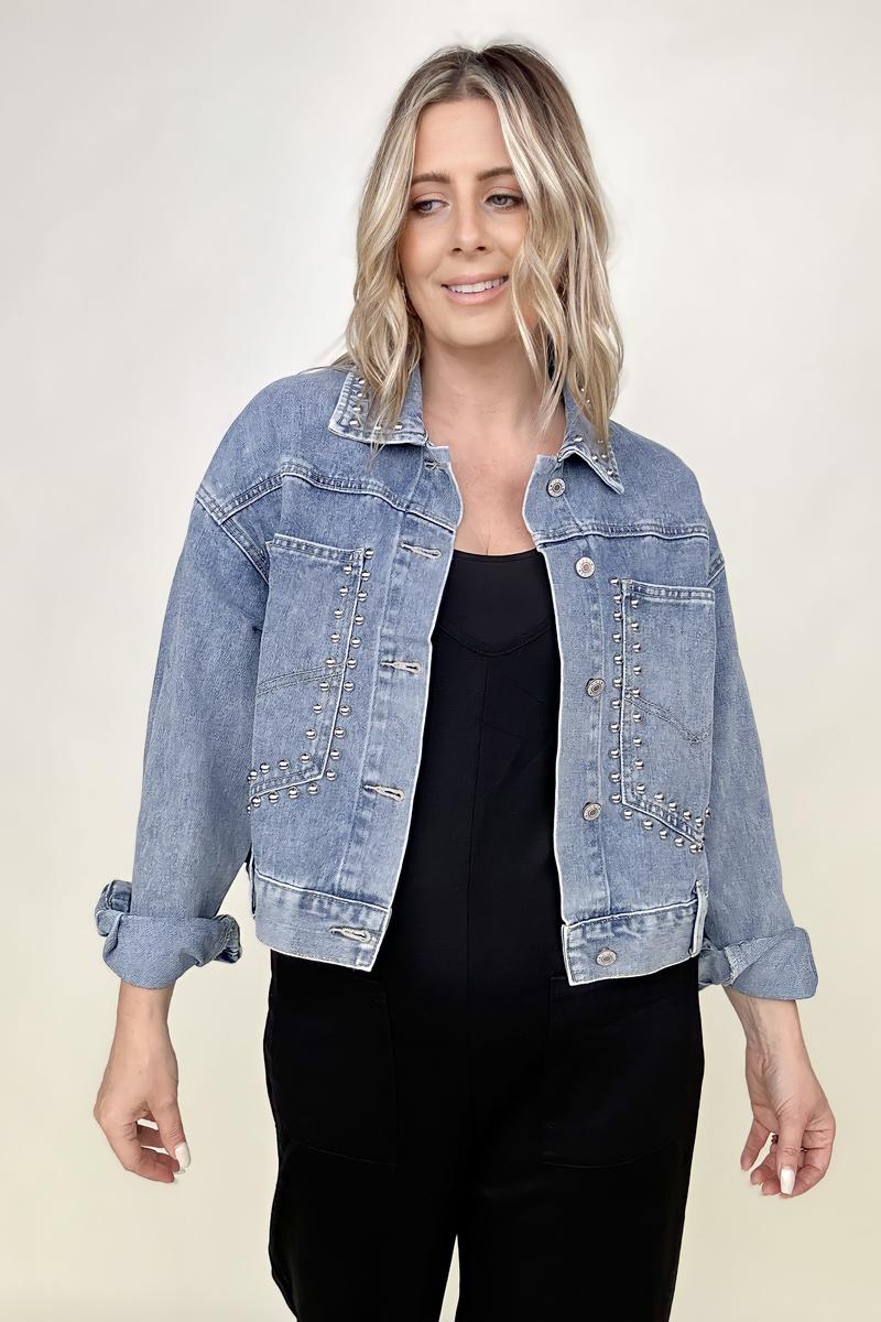 Rivet Studded Pocketed Denim Jacket (K) Mischa Lottie