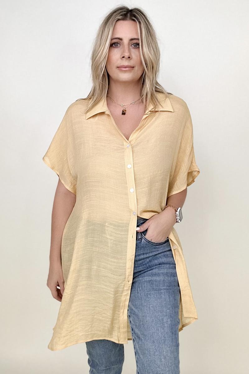 Gigio Solid Button Down Loose Fit Gauzy Tunic