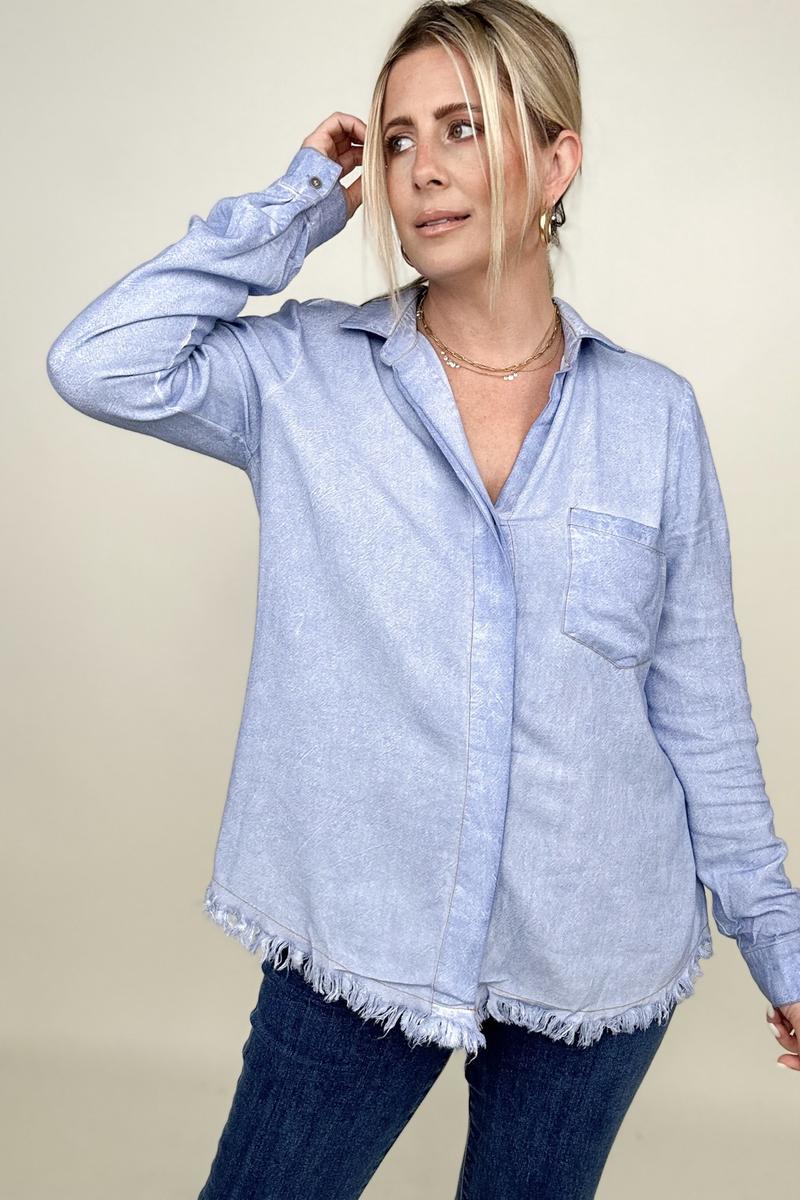 Umgee Button Down Boyfriend Shirt With Frayed Hem (K) Mischa Lottie