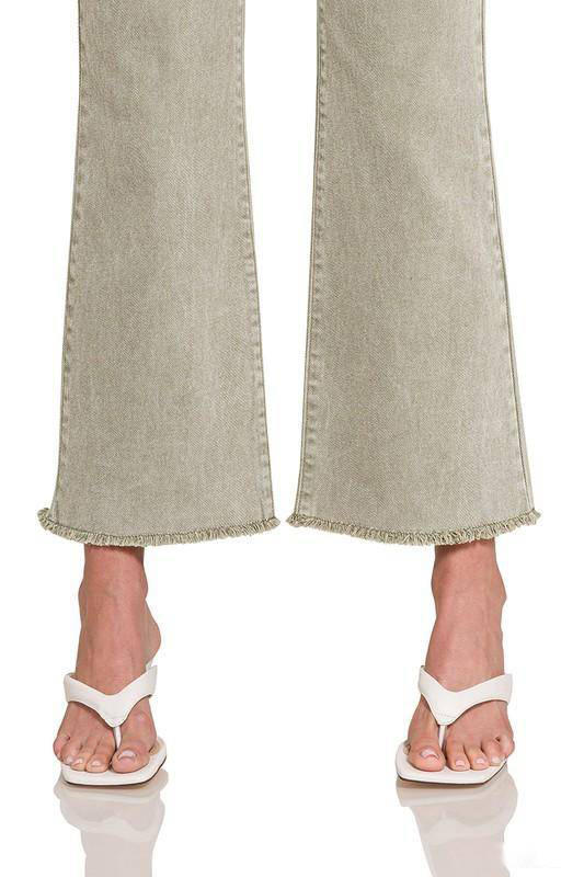 Zenana Acid Washed High Waist Frayed Hem Cropped Kick Flare Jeans