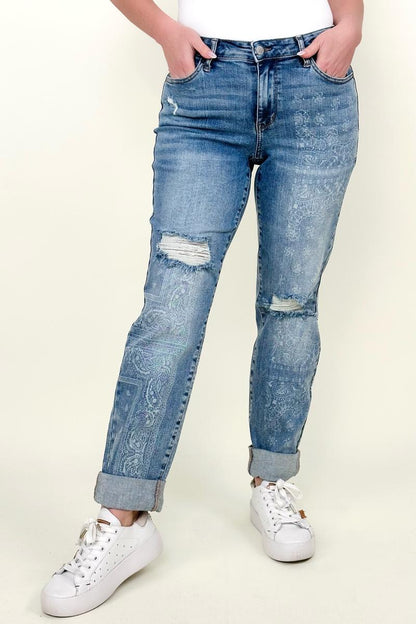 Judy Blue Mid-Rise Destroy & Paisley Print Boyfriend Jeans