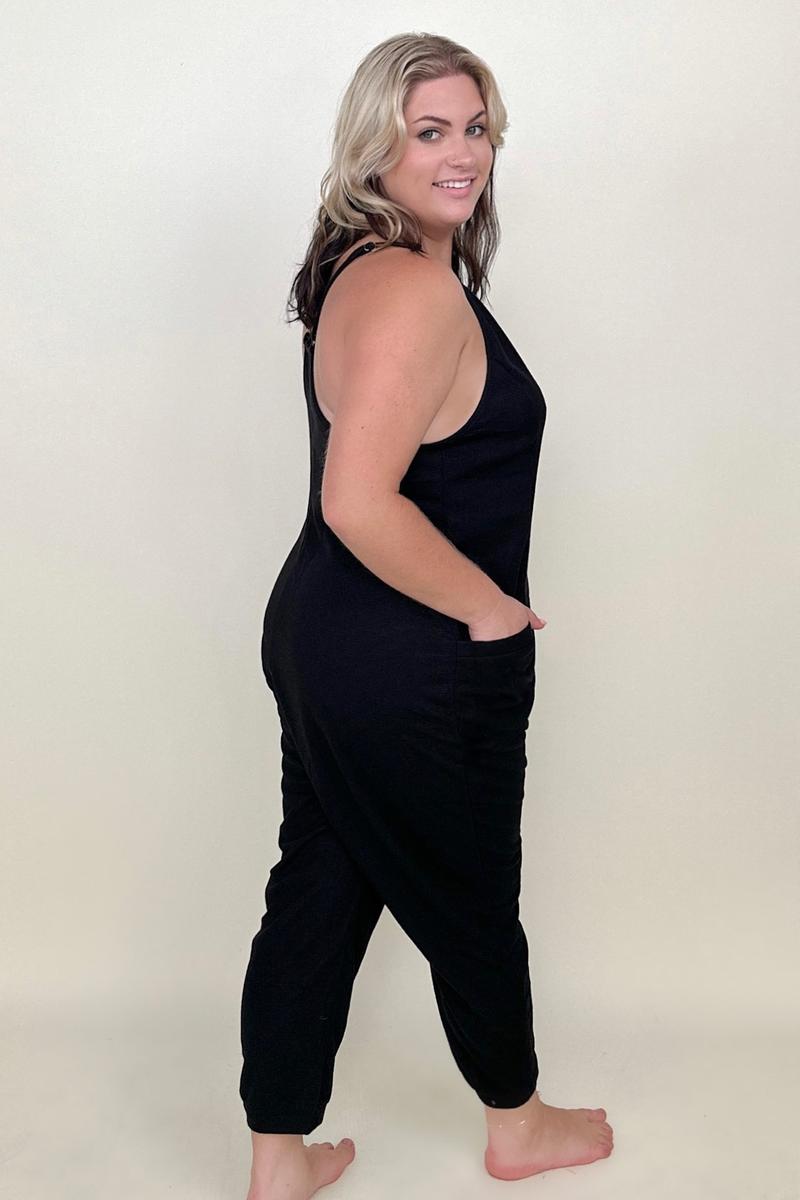 Textured Black Sleeveless V-Neck Pocketed Jumpsuit