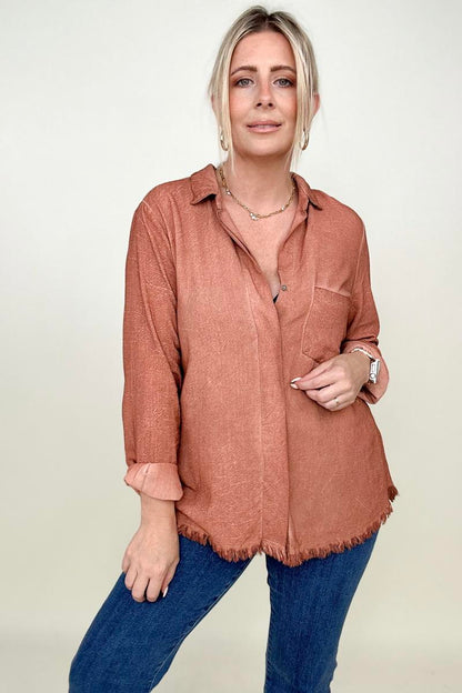 Umgee Button Down Boyfriend Shirt With Frayed Hem (K) Mischa Lottie