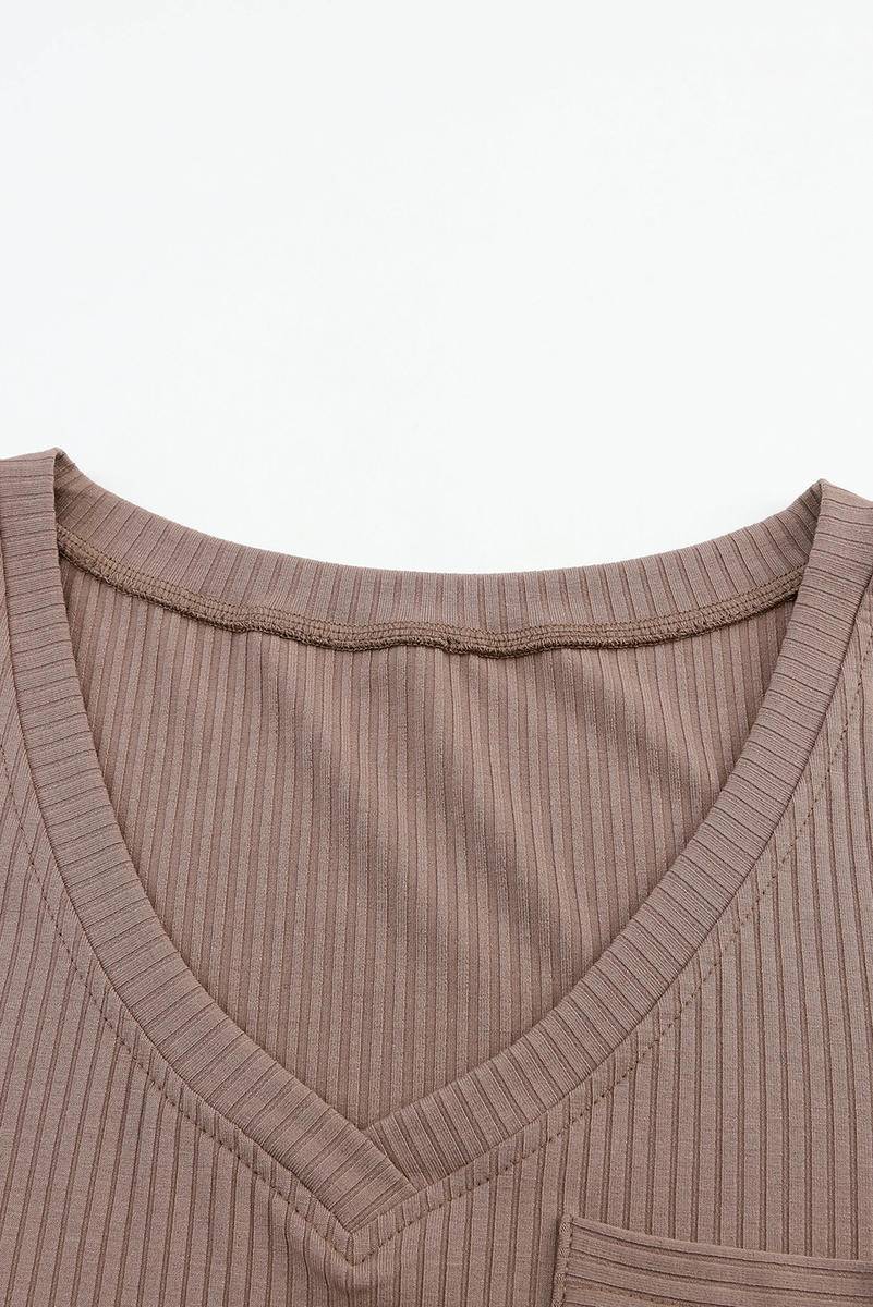 Ribbed Knit Long Sleeve V Neck Top With Chest Pocket (K) Mischa Lottie