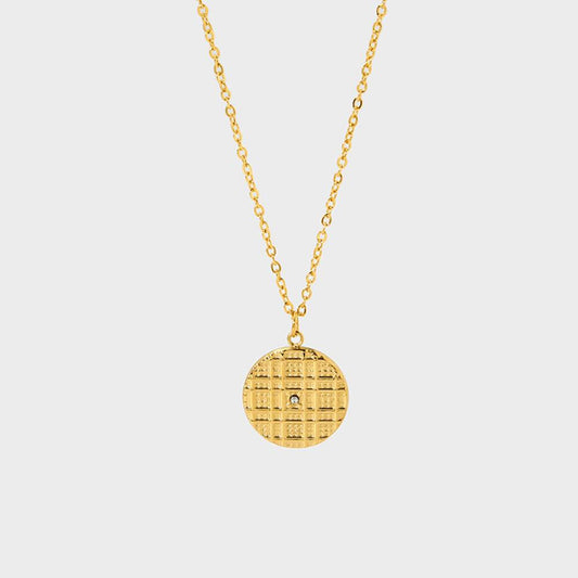 Plaid Texture Coin Pendant Clavicle Chain Necklace