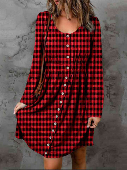 Double Take Full Size Plaid Round Neck Long Sleeve Dress