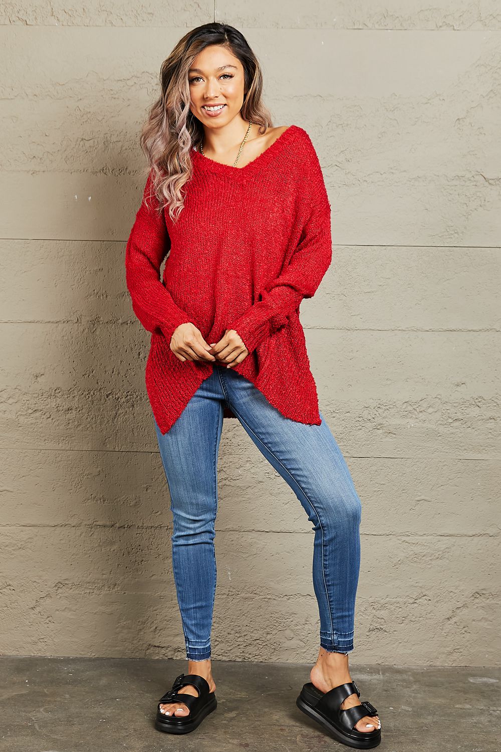 Heimish By The Fire Full Size Draped Detail Knit Sweater (T) Mischa Lottie