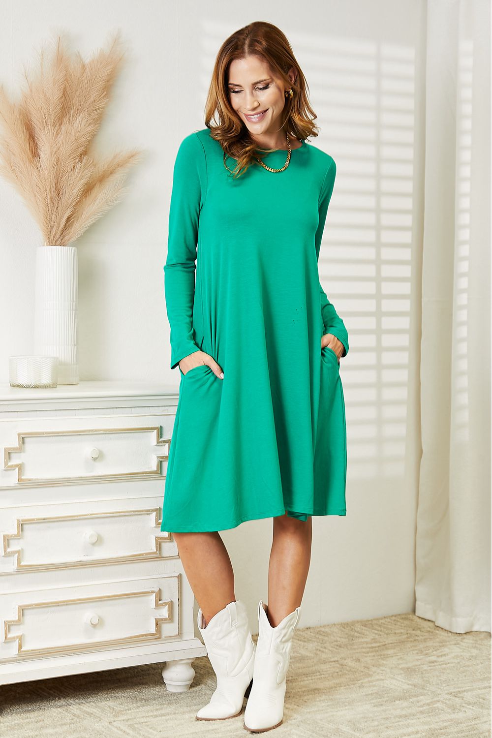 Zenana Full Size Long Sleeve Flare Dress with Pockets (T) Mischa Lottie