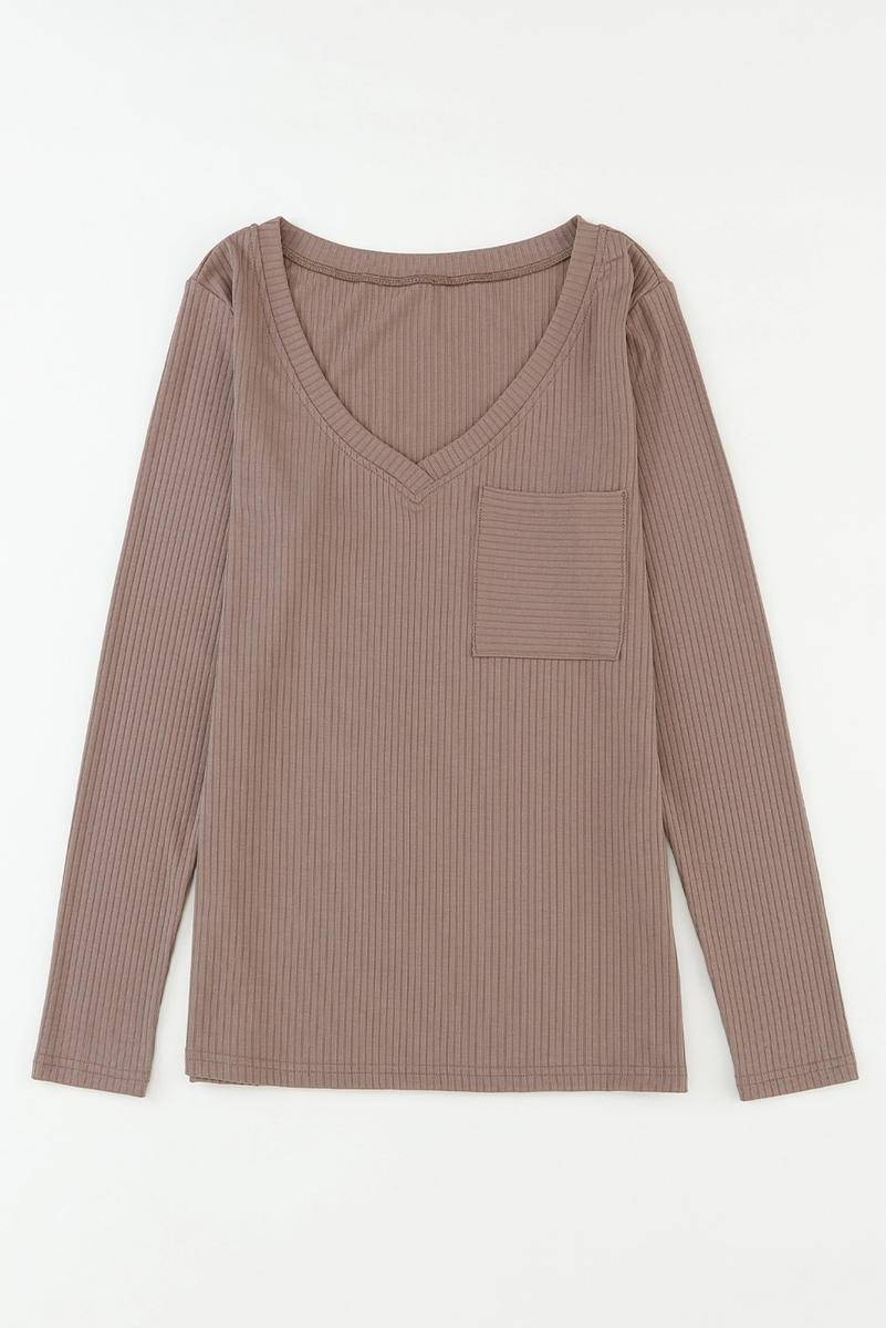 Ribbed Knit Long Sleeve V Neck Top With Chest Pocket (K) Mischa Lottie