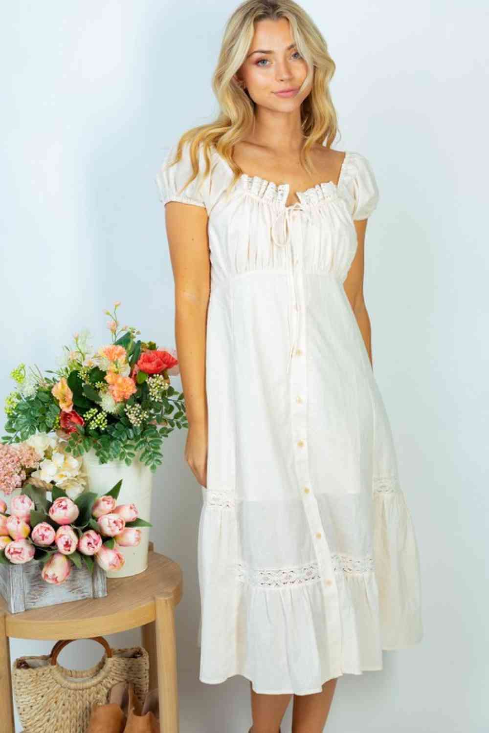 White Birch Flower Market Full Size Lace Trim Midi Dress