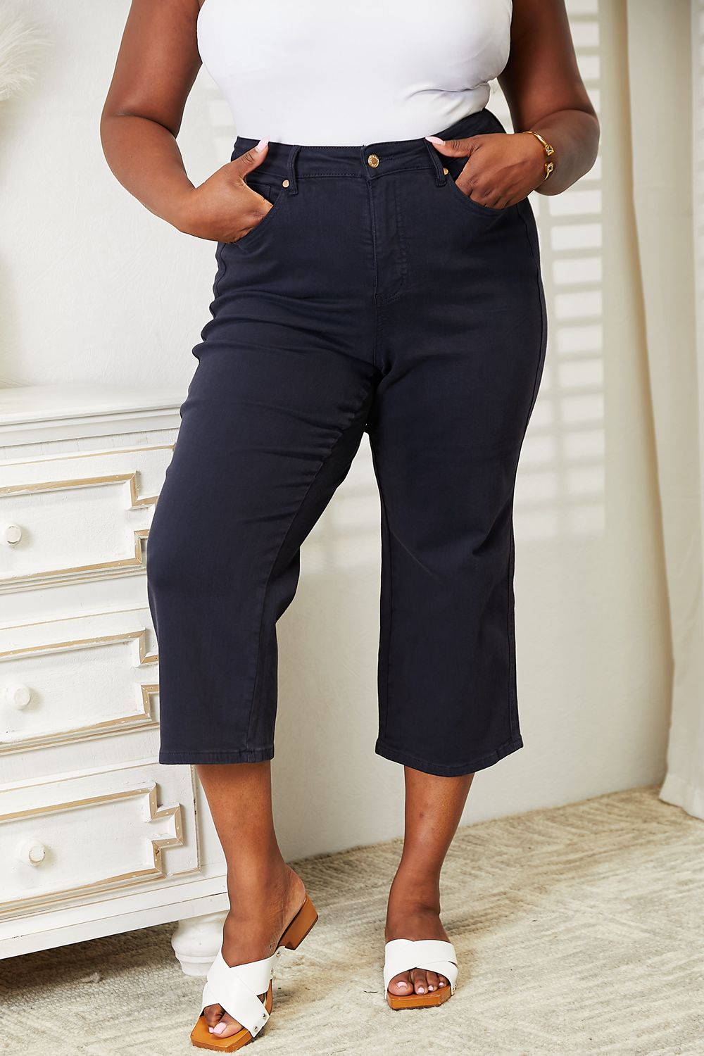 Judy Blue Full Size High Waist Tummy Control Garment Dyed Wide Cropped Jeans (T) Mischa Lottie