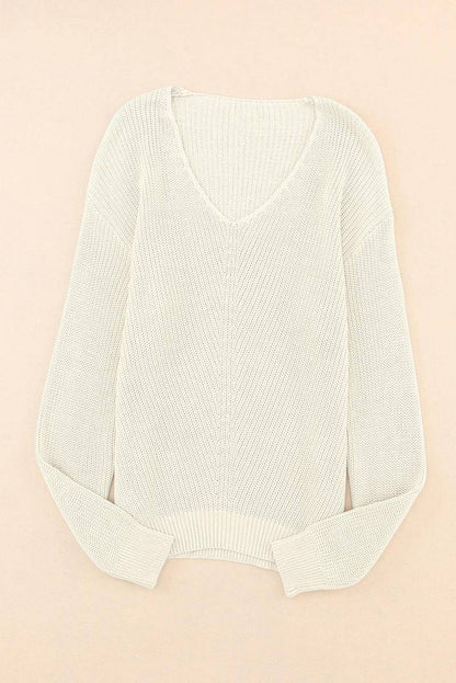 Ribbed Knit V Neck Long Sleeve Sweater