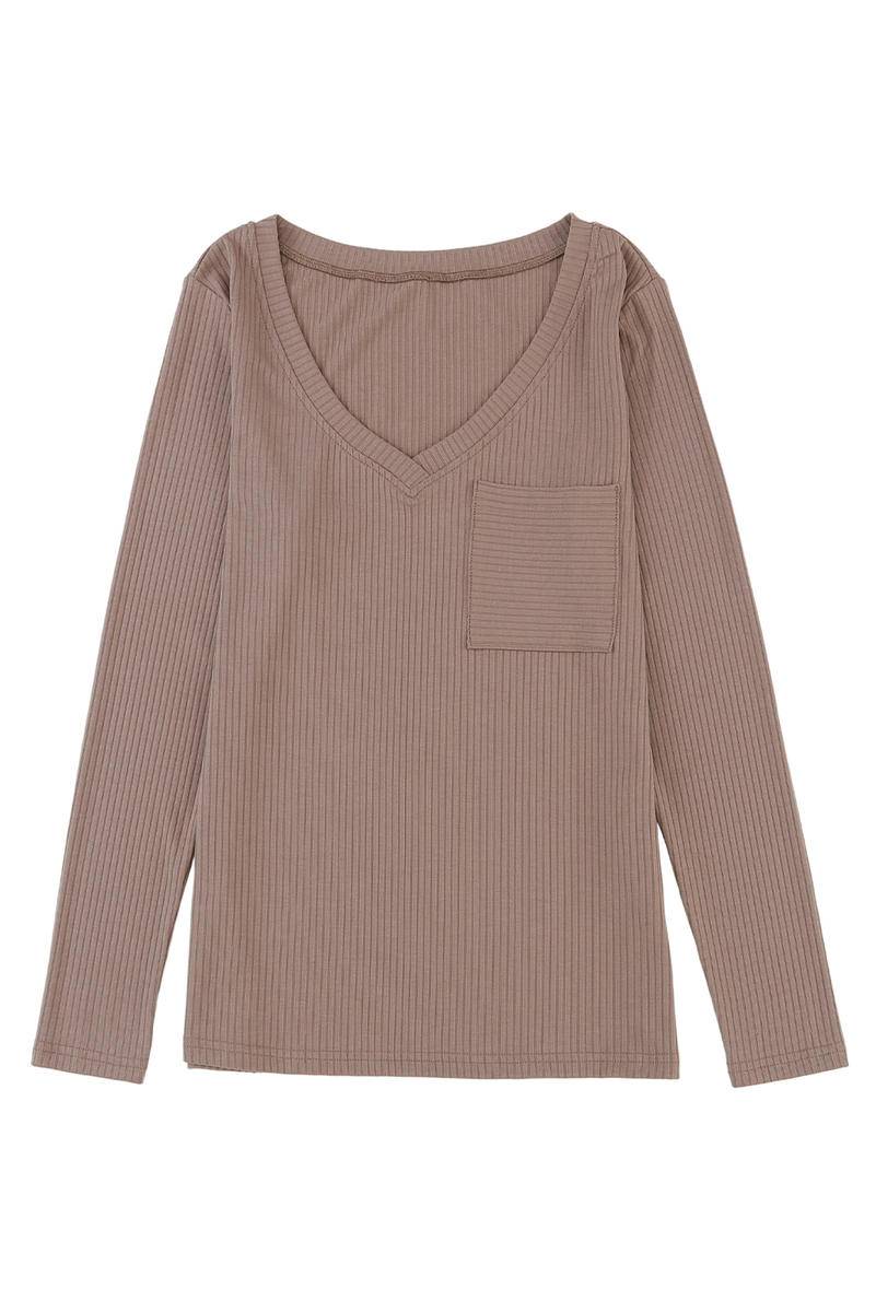 Ribbed Knit Long Sleeve V Neck Top With Chest Pocket (K) Mischa Lottie