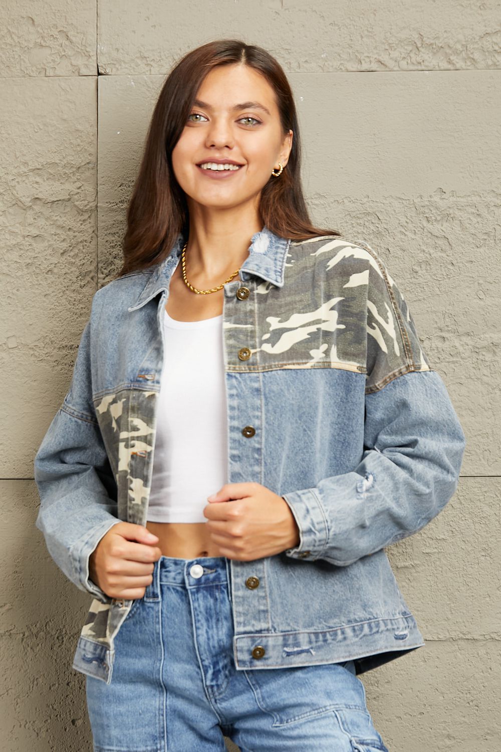 GeeGee Full Size Washed Denim Camo Contrast Jacket (T) Mischa Lottie