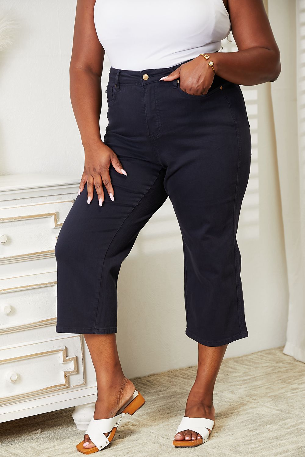 Judy Blue Full Size High Waist Tummy Control Garment Dyed Wide Cropped Jeans (T) Mischa Lottie