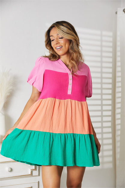 Double Take Color Block Buttoned Puff Sleeve Dress (T) Mischa Lottie