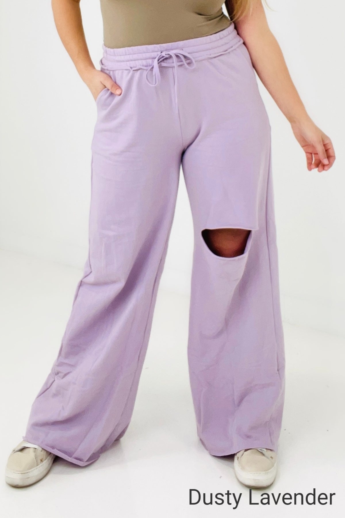 Zenana Distressed Knee French Terry Sweats With Pockets - New Colors (K) Mischa Lottie