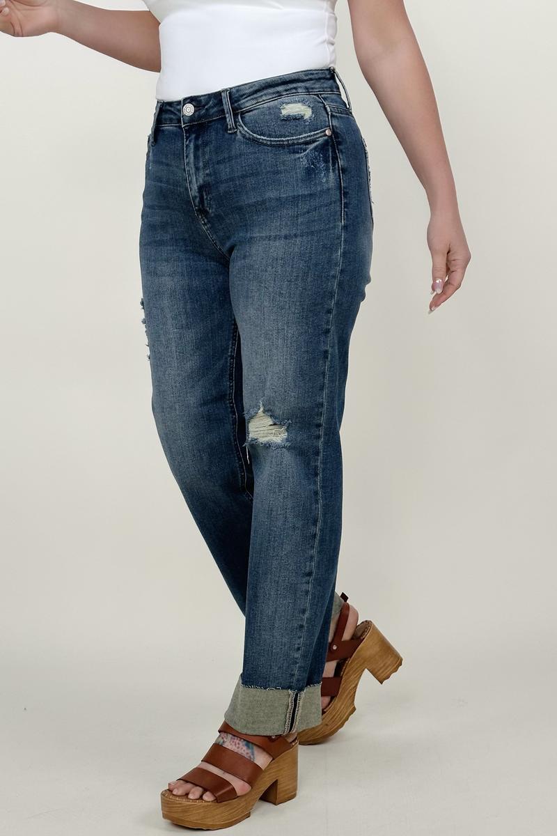 Judy Blue Mid-Rise Destroy & Single Cuff Dad Jean Straight Jeans