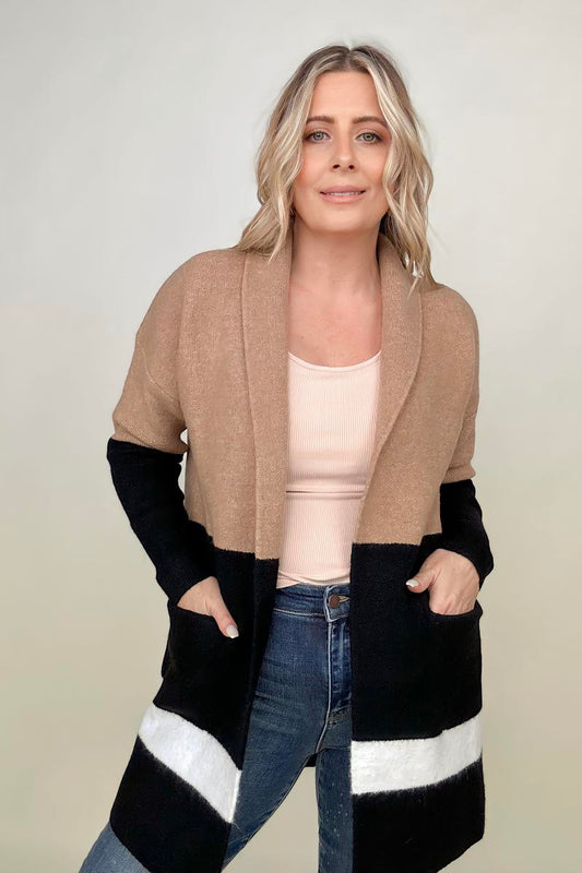 Latte Colorblock Cardigan With Patch Pockets