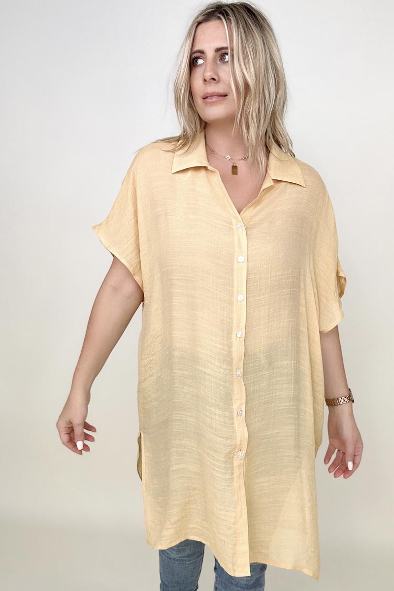 Gigio Solid Button Down Loose Fit Gauzy Tunic