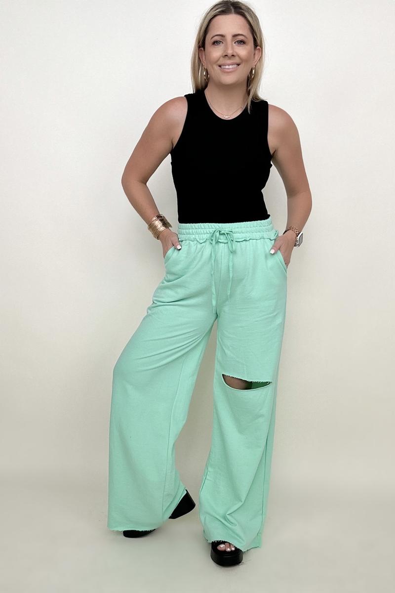 Zenana Distressed Knee French Terry Sweats With Pockets - New Colors (K) Mischa Lottie