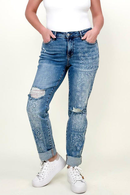 Judy Blue Mid-Rise Destroy & Paisley Print Boyfriend Jeans