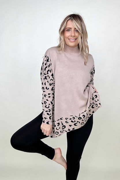 Khaki Leopard Mock Neck Dolman Sweater